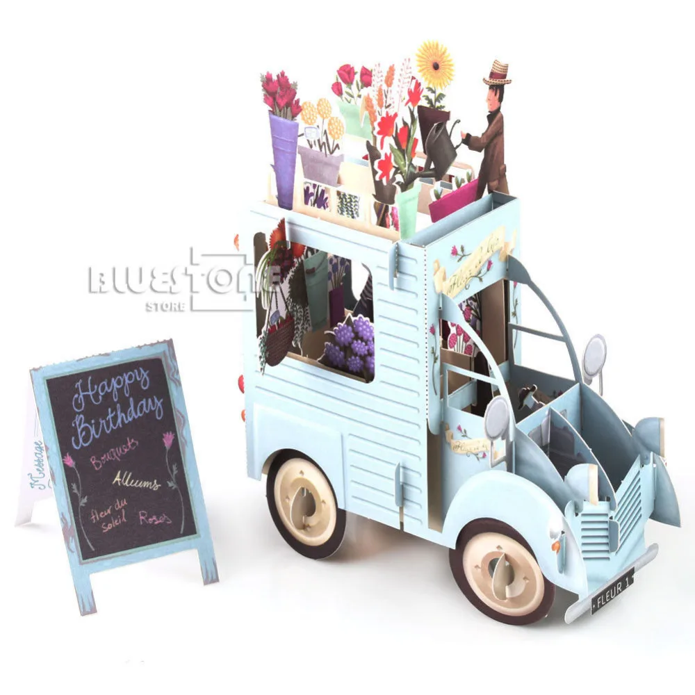  3D Pop Up Car of Flower Greeting Cards Happy Birthday Anniversary Invitations Free Shipping - 32836838064