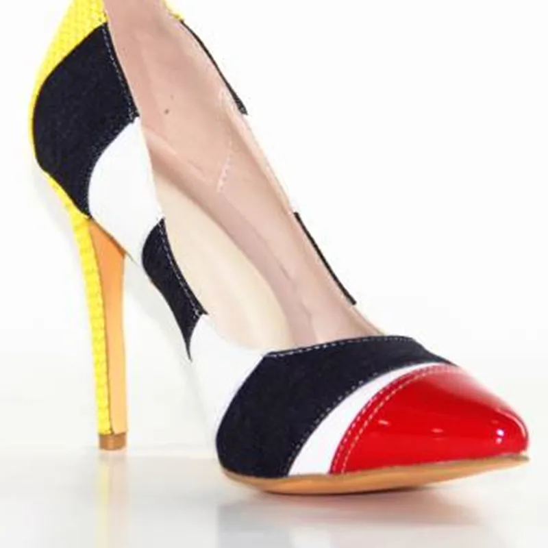 

SHOFOO shoes.Fashion Sexy Free shipping, multi color leather stitching, 11 cm high-heeled shoes, pointed toe pumps.SIZE:34-45