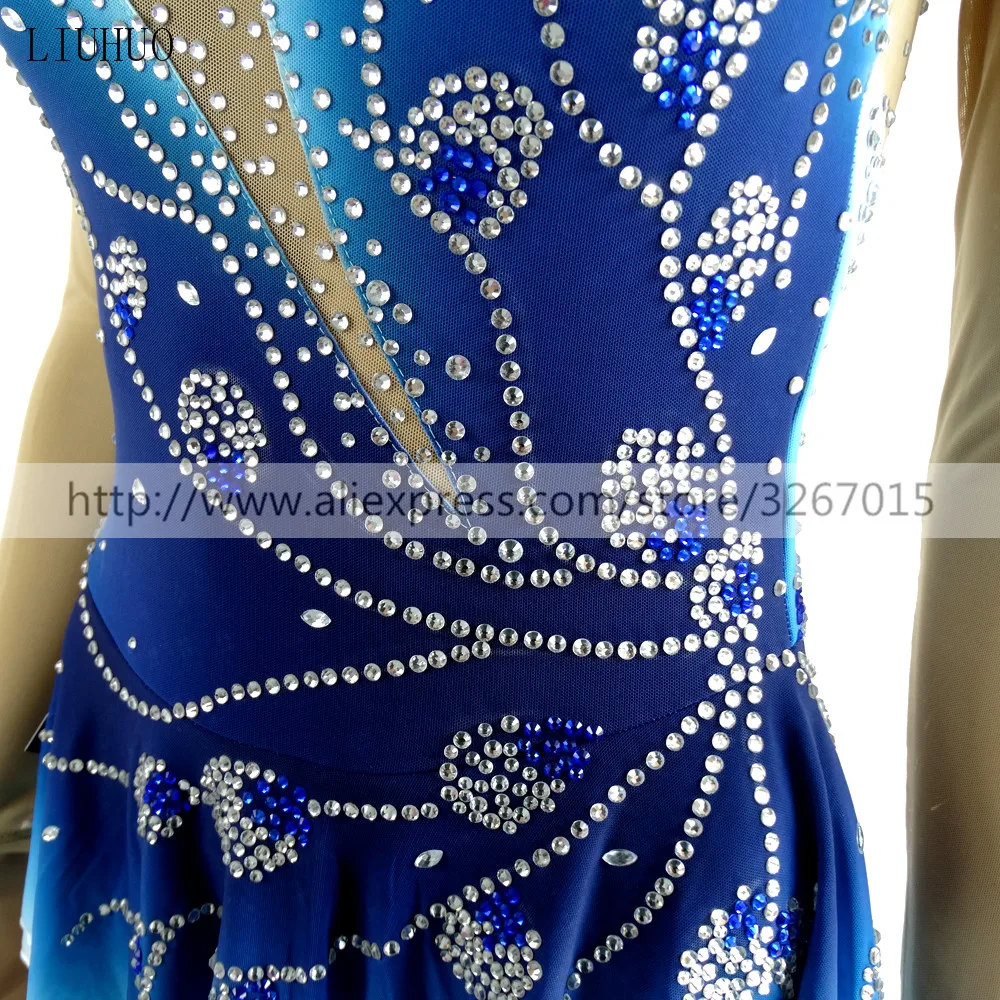 LIUHUO Figure Ice Skating Dress Women's Girls' Roller Costume Performance Rhythmic Gymnastics Ballet Competition Leotard Blue