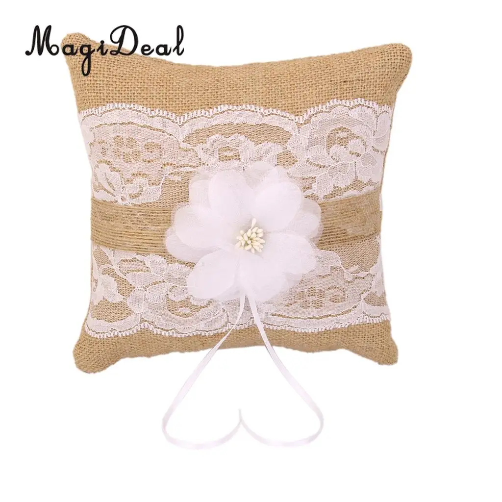 MagiDeal 20cmx20cm Vintage Burlap Bow Rustic Wedding Party Pocket Ring Pillow Lace Trim Wedding Decoration Supplies