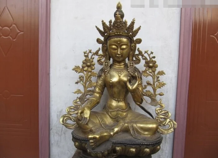 

150624 S1858 Tibet classical Bronze Gild Green TaRa Kwan-Yin padma Bodhisattva Buddha Statue
