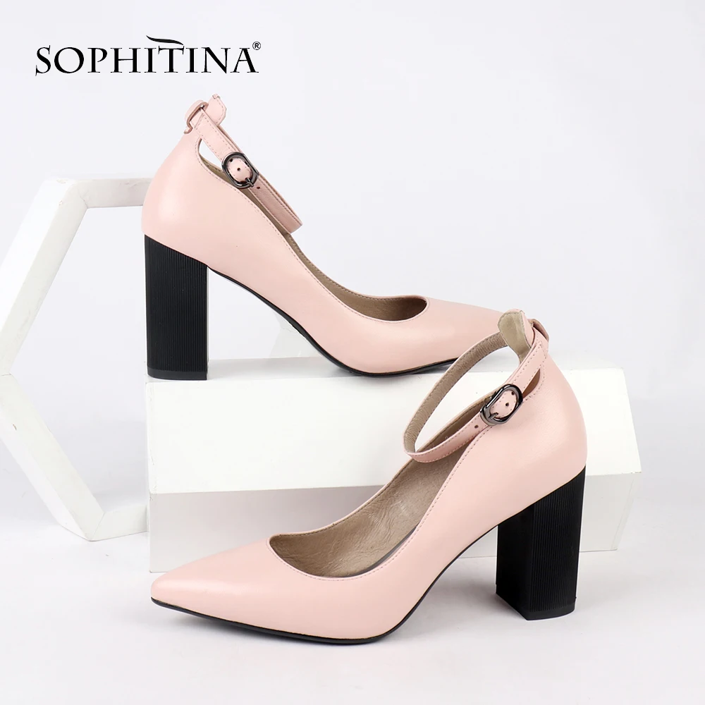 

SOPHITINA Sweet Woman Pumps New Pointed Toe Buckle Strap High Quality Genuine Leather Mature Sexy Shoes Square Heel Pumps PC155