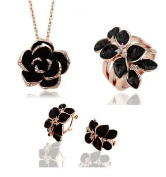 

OMH wholesale fashion 18 KT white gold Austrian crystals Black roses Jewelry sets gold silver color Necklace+Earrings+ring TZ178