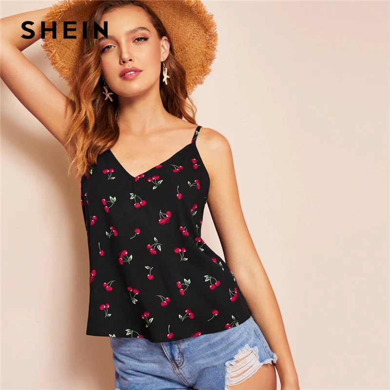 SHEIN Женская Черная майка с принтом вишни летняя повседневная v образным вырезом и