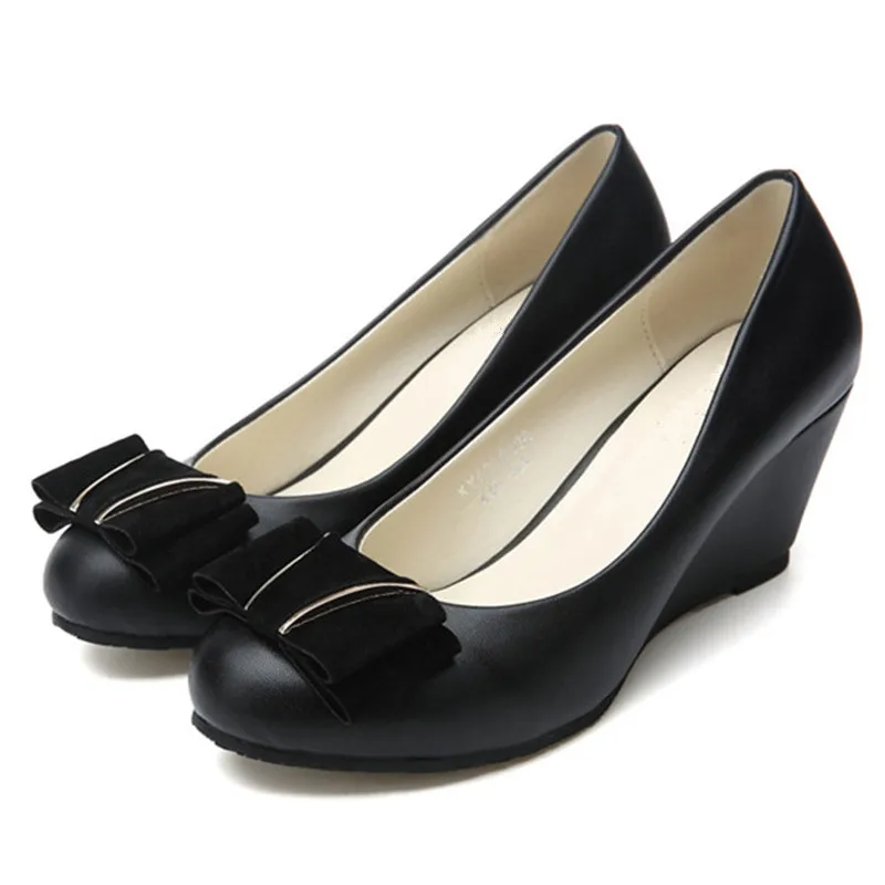 Г., женские модные удобные туфли на танкетке черные женские мягкие туфли-лодочки на высоком каблуке с круглым носком Повседневная Рабочая обувь с бантом, 41 - Цвет: Черный