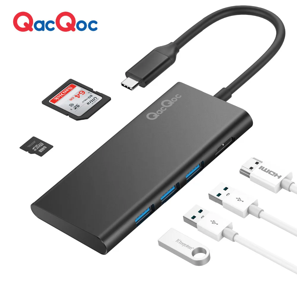 QacQoc QC H07D Aluminium alloy USB C Hub with 3 USB 3.0 Ports 4K Output Card Reader for Macbook