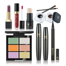 7 шт./компл. фиолетовая помада+ красный блеск для губ+ набор тонального крема+ палочка для хайлайтера+ подводка-гель для глаз+ тушь для ресниц+ карандаш для подводки глаз