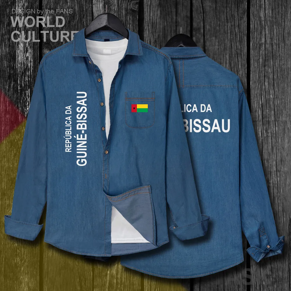 

Republic of Guine Bissau Guinean Bissau GNB Men Flags Clothes Autumn Jeans Shirt Cotton Turn-down Collar Long Sleeve Cowboy Coat