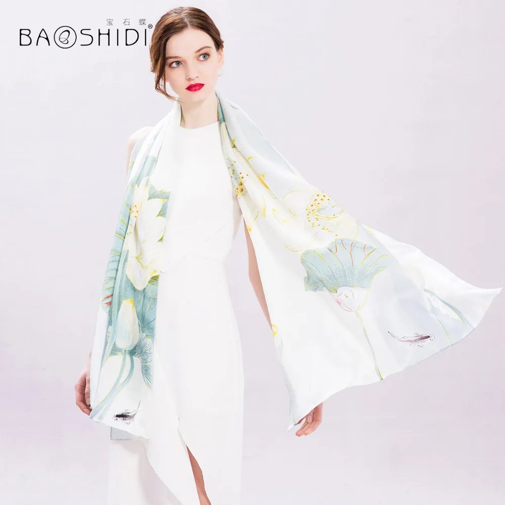 

[BAOSHIDI]100% Silk Long Scarf, 2017 Women Spring Summer Cover Up Scarf, New Arrival Silk satin Infinity Shawl, Hand rolled
