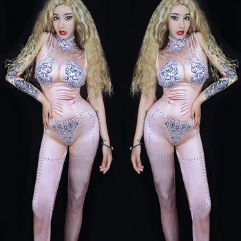 

Sexy Nude Rhinestone Female Adult Bodysuit DJ Singer Nightclub Leotard Jumpsuit Women'S Stage Leggings beyonce Costume DL3739