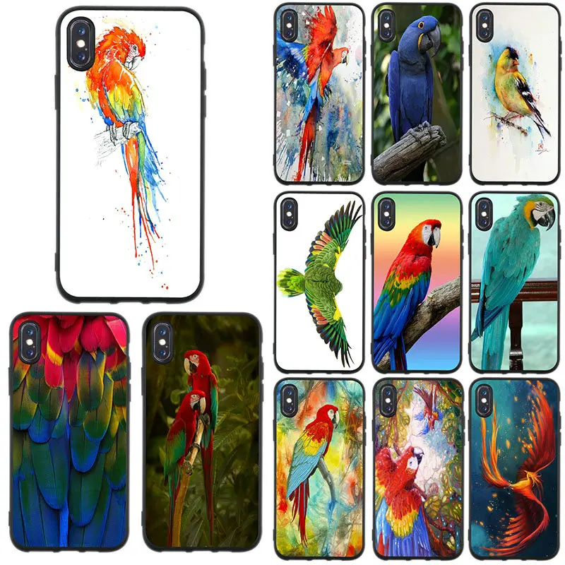 

Soft TPU Mobile Phone Case for iPhone X XR XS Max 8 7 6 6s Plus 5 5S SE 4 4S Coque Shell Best Cases Macaw Parrot Bird Watercolor
