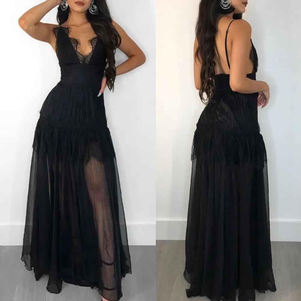 

Women's Sexy Lace Elegant Long Maxi Dress Black Sleeveless Backless Evening Party Summer Beach Boho Holiday Dresses