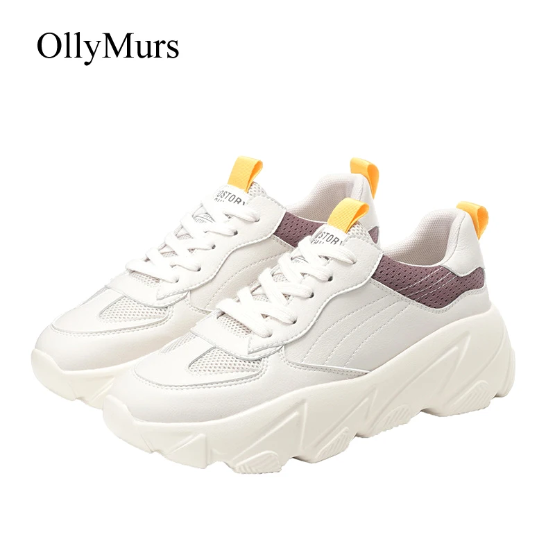 

Casual Shoes Women Chunky Sneakers Genuine Leather zapatos de mujer Spring New chaussures femme Ladies Platform footware Beige
