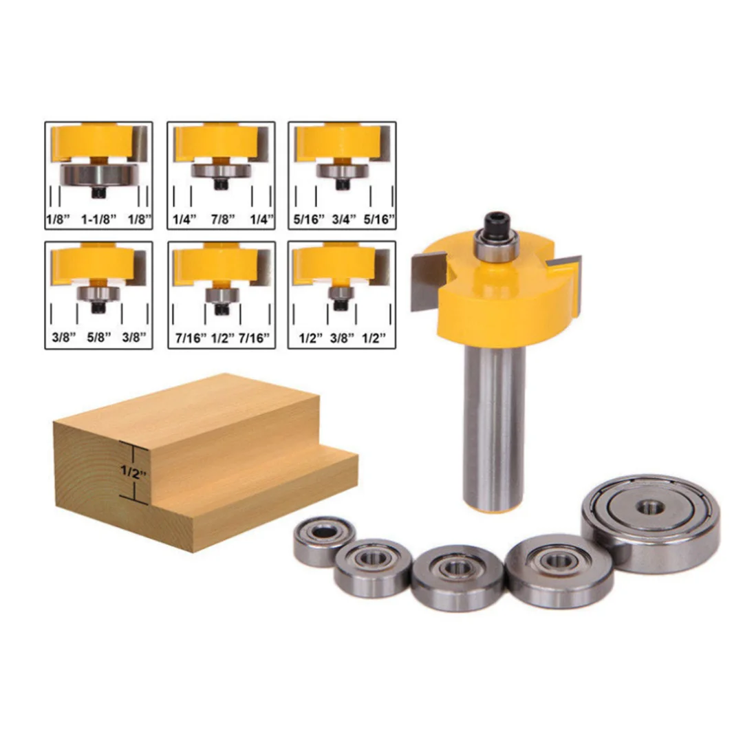 1 Set Carbide Tipped Woodworking Router Bit 1/2 Inch Height with 6 Bearings Rabbet Router Bit & Bearing Set 1/4 Inch Shank