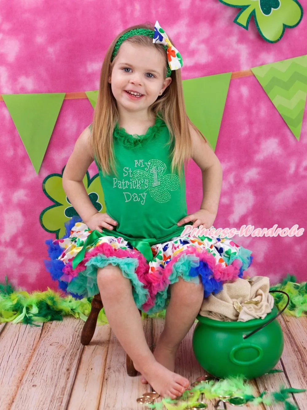 

My 1ST St Patrick Day Green Top Shirt Rainbow Clover Girls Skirt Outfit Set 1-8Y