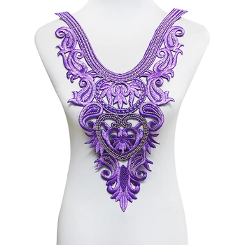 

2piece Beaded Rhinestones Lace African Cord Purple Collar Embroidery Patches Lace Motif Applique Cloth Sewing Accessories T1929