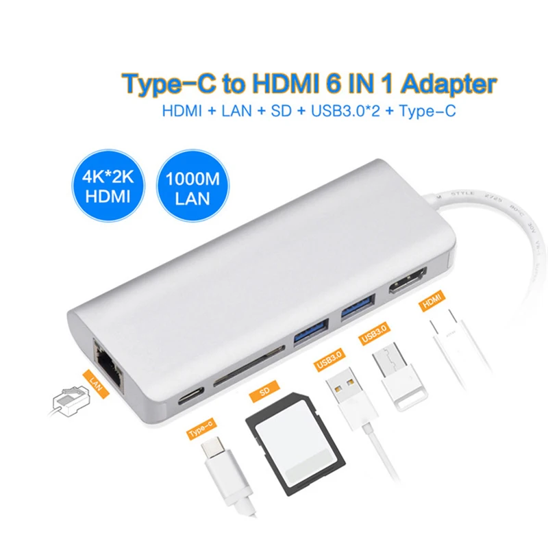 USB-C Hub алюминиевый адаптер типа C с HDMI портом порт Gigabit Ethernet USBC Power Delivery 2 USB 3 0 s SD