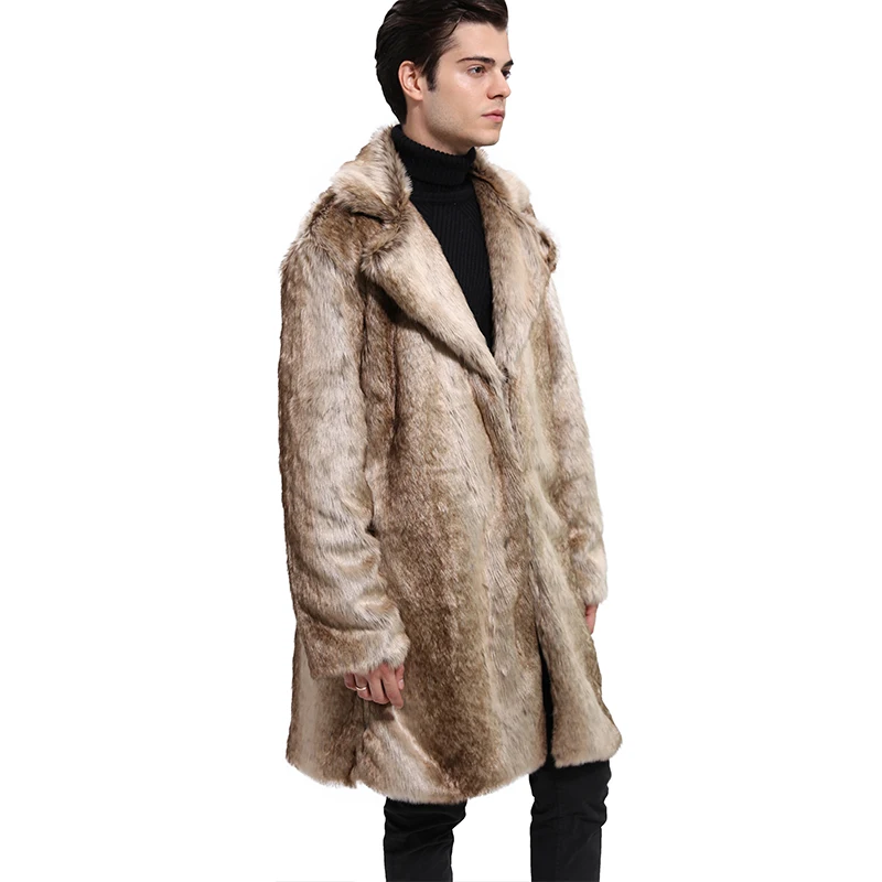 Мужские осенне-зимние длинные пальто из искусственного меха, отложной воротник, длинный рукав, толстый теплый мех, повседневный модный Тренч, размер плюс 3X 6Q2309