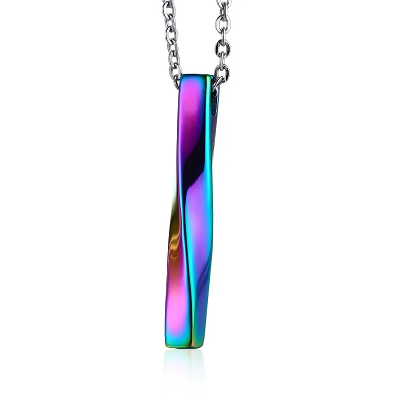 Square Twisted Column Pendant Necklace for Men Stainless Steel Male Female Couples Jewelry Oxidation Rainbow Silver Gold Tone