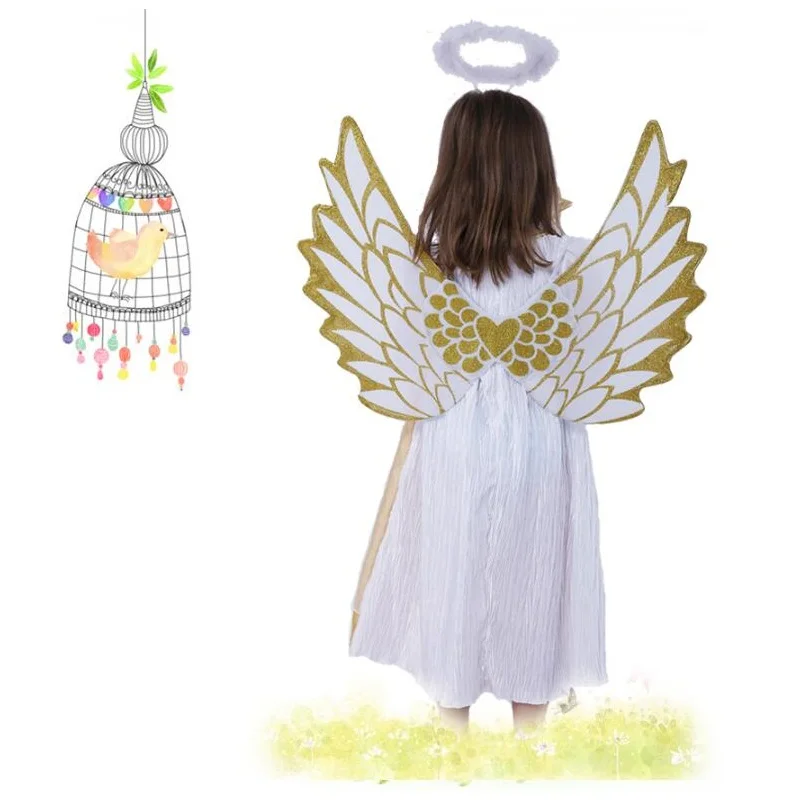 Милое длинное платье Белоснежки и ангела для маленьких девочек; маскарадный карнавальный детский костюм принцессы с крыльями; Детский карнавальный костюм на Хэллоуин