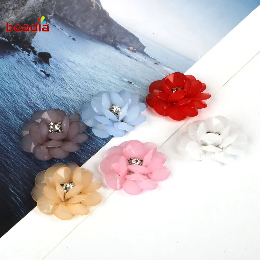 

6Pcs Multicolor Acrylic Translucent Flowers Beads With Rhinestone Fit Jewelry Handmade DIY Clothing Craft Accessories