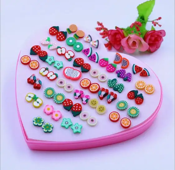 

36 pair/set cute Polymer clay Fruit Flower Small Stud Earrings Set For girl Kids fashion Jewelry Childrens best Gift