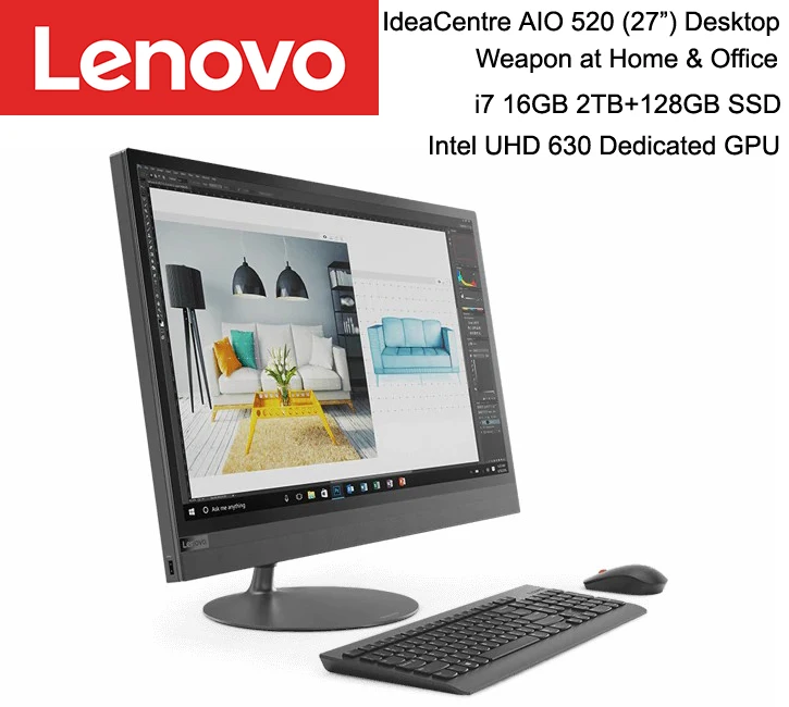 Оригинальный lenovo AIO 520 все в одном ПК с 27 дюймовым 2560x1440 QHD Экраном 8th Gen i7 Cpu 16 Гб Ram 2