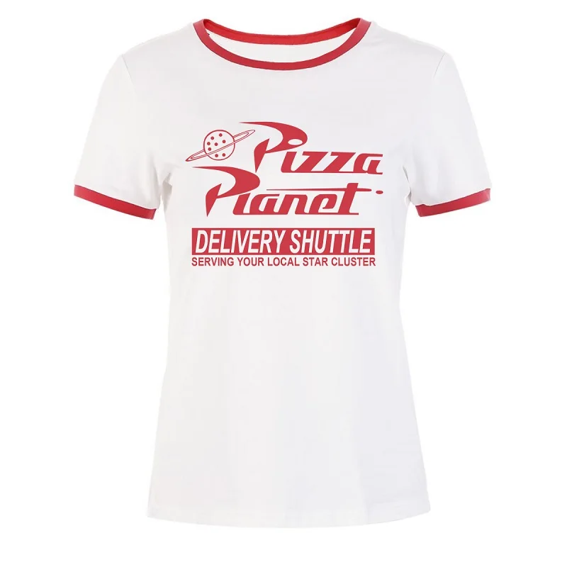 Pizza planet с коротким рукавом Футболка с отстрочкой Большие размеры S-2XL с буквенным принтом с рисунками героев мультфильма модные повседневные топы, футболки, футболка с короткими рукавами