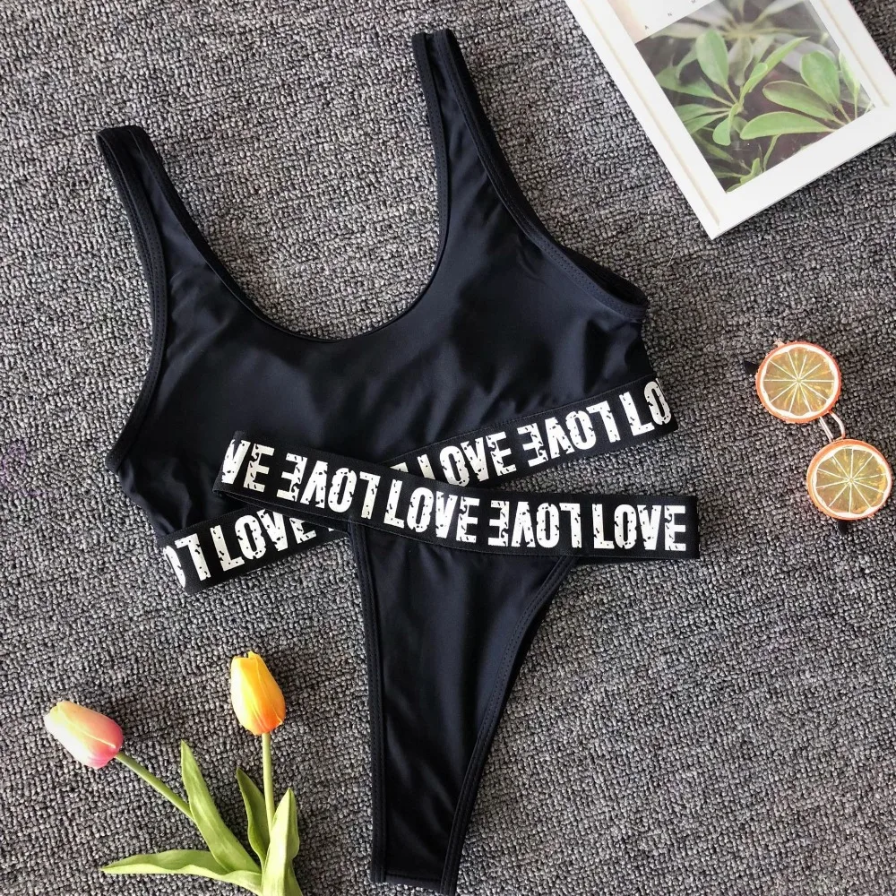 Women Biqiuni Set Soild and Letter Print Bathing Suits Sport Wide Strap Swimsuit Top With Cut Out Thong Bikini 2 Color Size L 12