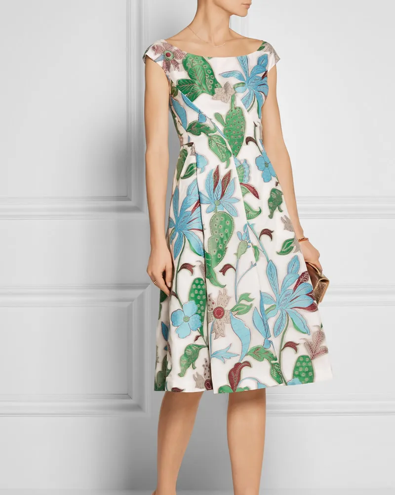 

Hot Sale Hand-Drawn Cactus And Flower Wisteria Print Pleated Dress