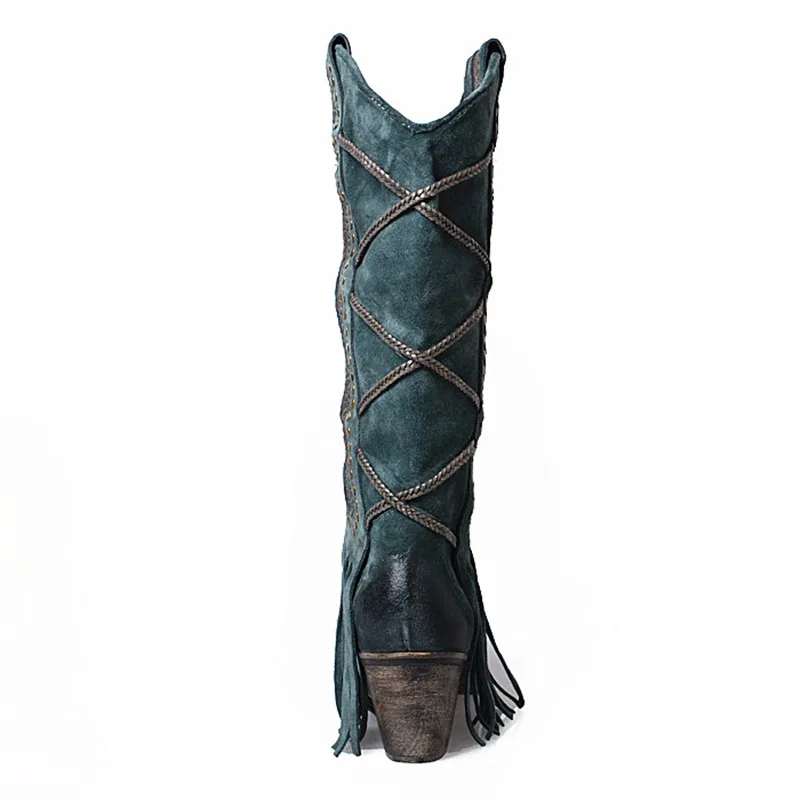 Estilo Moda Blue Square Toe Cremallera Botas Knight Magic Negro tied lado In blue Perfetto Mujer Prova Retro Fringe In Grace Design plush Cruz leather w5X6qU76px