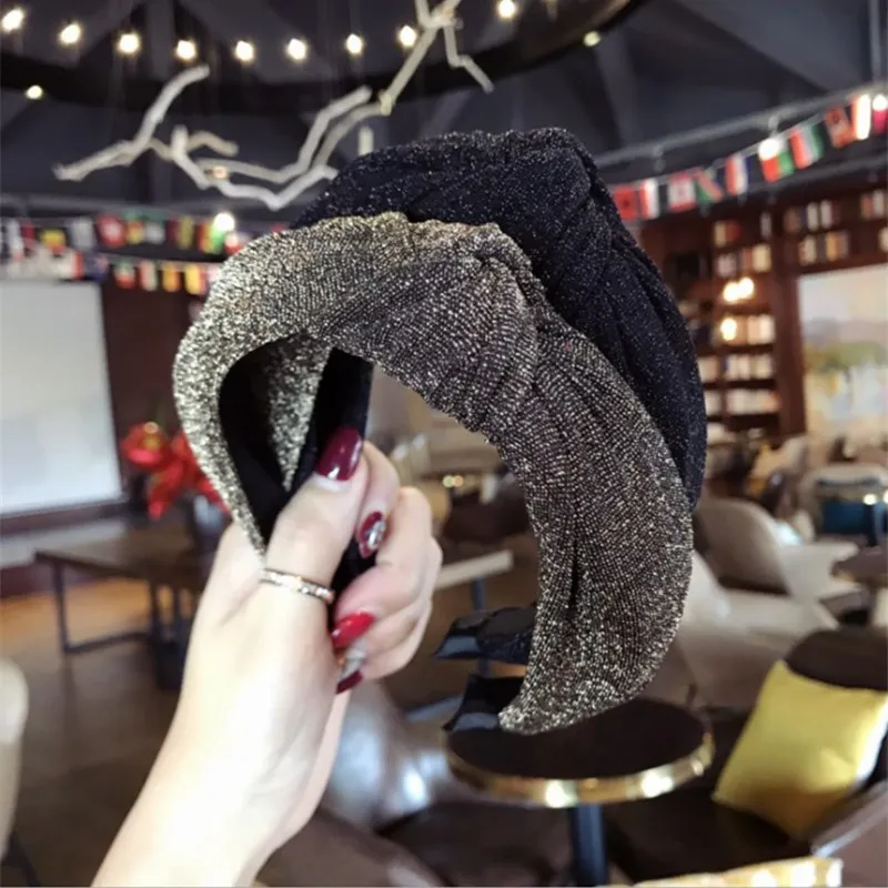 

New high-end boutique hair accessories women's bronzing fabric middle knot bow wide-brimmed fashion hairband headband hair band