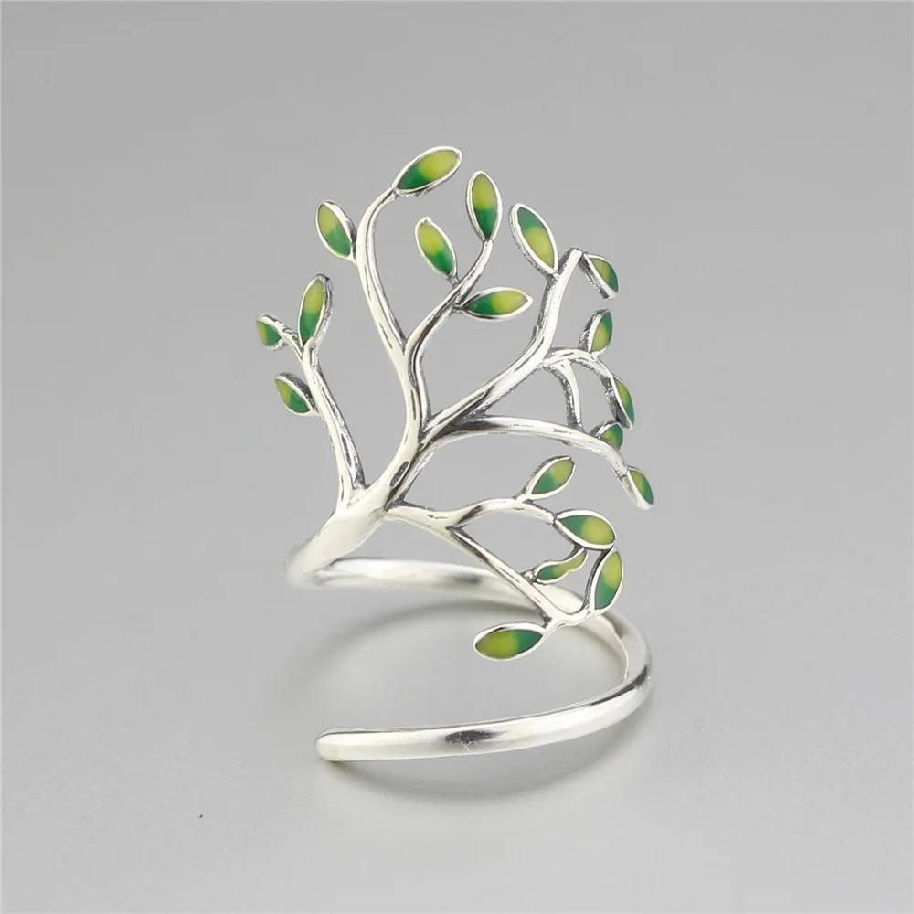 100% 925 Sterling Silver Drop Glaze Leaves Open Rings For Women Original Handmade Lady Prevent Allergy Sterling-silver-jewelry
