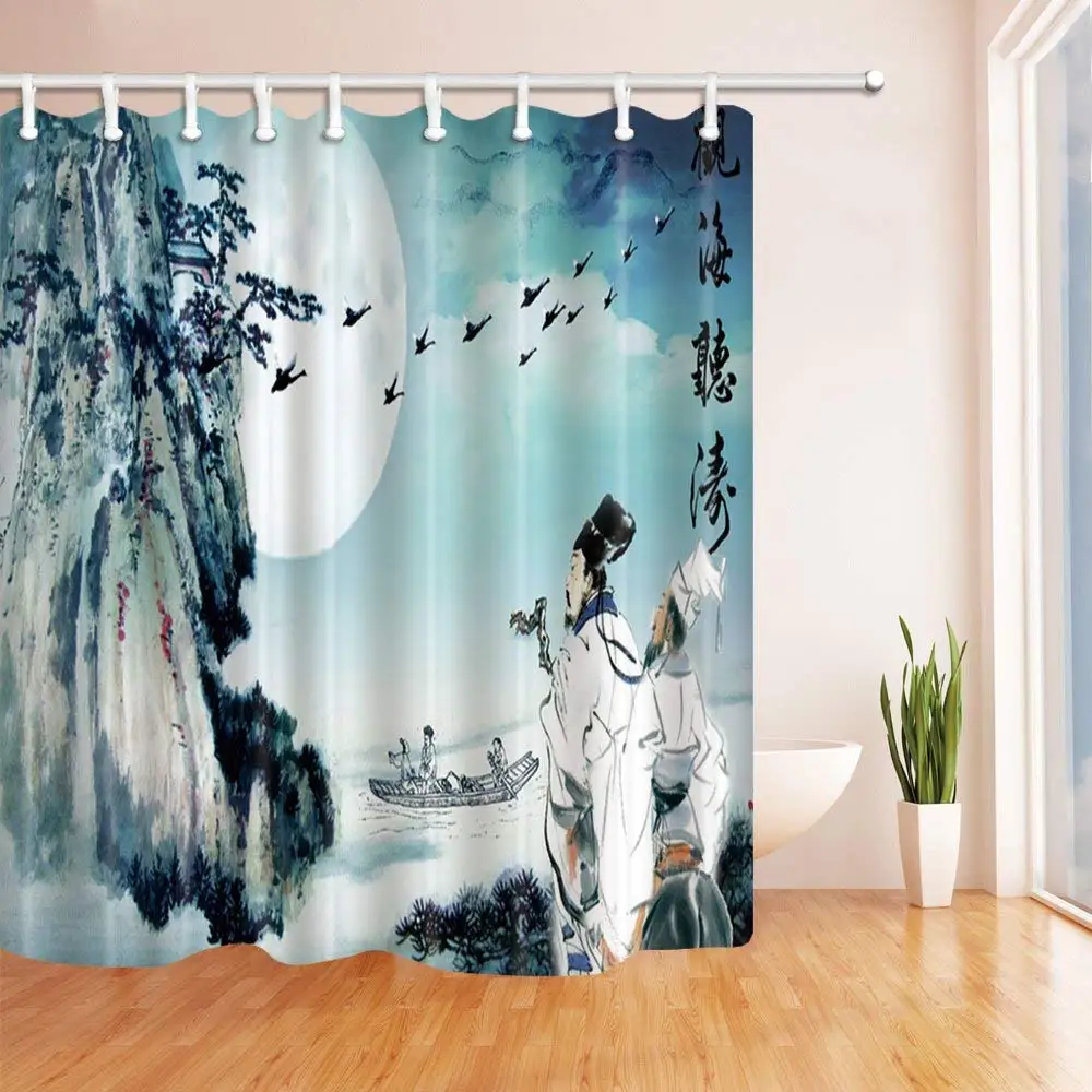 Chinese Culture Decor Poetry Shower Curtain Mildew Resistant Polyester