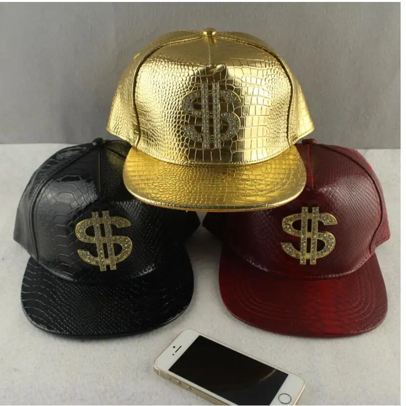 Faux Leather Baseball Caps Gold Dollar Logo With Bling Hiphop Gorras