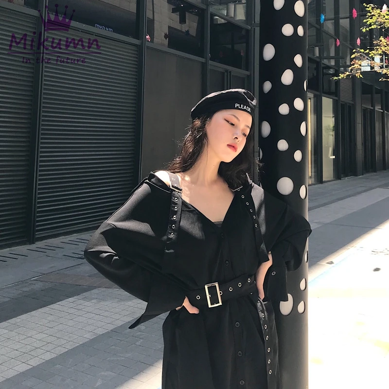 Mikumn, женское платье, Harajuku, готические, черные платья, корейский стиль, модные, прямые, с поясом, на пуговицах, повседневные, простые, в стиле панк, женские сексуальные платья