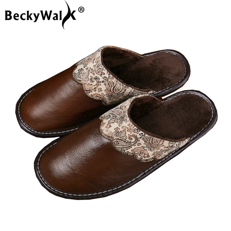 

BeckyWalk Genuine Leather Shoes Women Men Home Slippers Winter Plush House Shoes Woman Embroidery Anti-Slip Indoor Shoes WSH3111