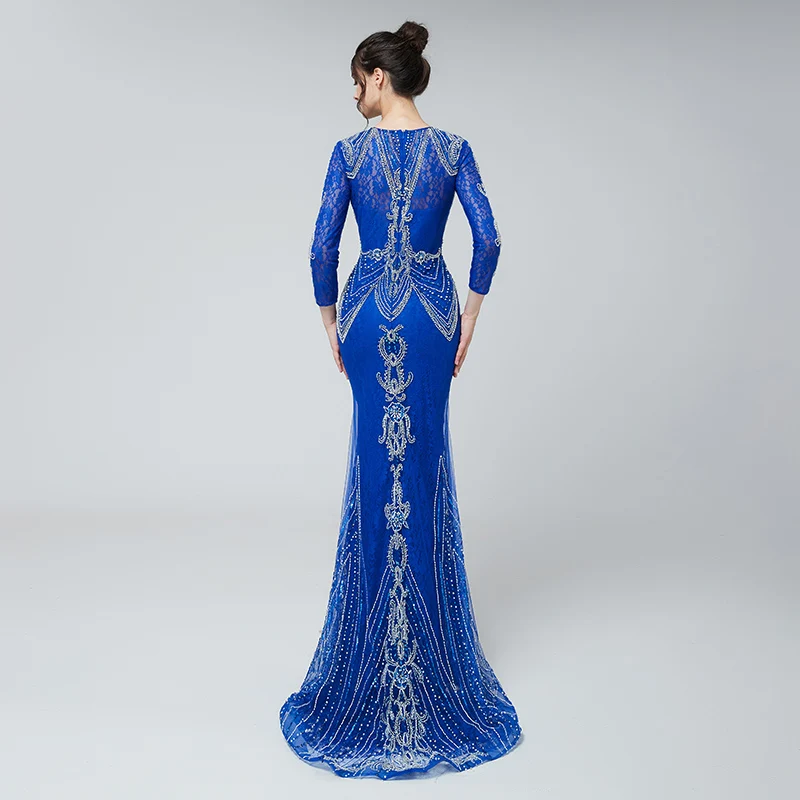 Формальные женские элегантные вечерние платья Русалка с длинным рукавом роскошное Бисероплетение Королевское бальное голубое вечерние бальное платье Дубай Арабский мусульманский платье 485