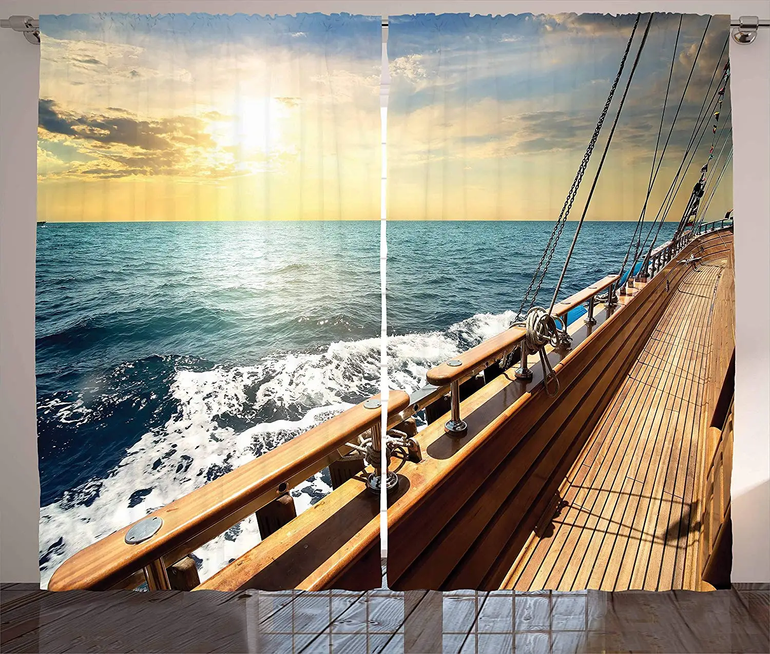 

Nautical Curtains Sailboat Yacht on Wavy Sea at Sunset Picture Traveling Adventure Relaxing Vacation Living Room Window Drapes