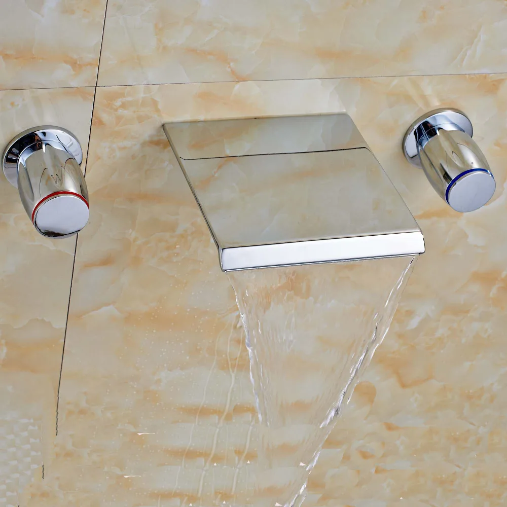 

Contemporary Square Cylinder Dual Handles Three Holes Chrome Polish Sink Faucet Mixer Tap Faucet