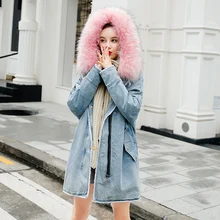 Длинные джинсовые куртки с меховой отделкой, толстовки с хлопковой подкладкой, свободная верхняя одежда для женщин, зимние теплые джинсовые пальто, куртки для женщин, большие размеры