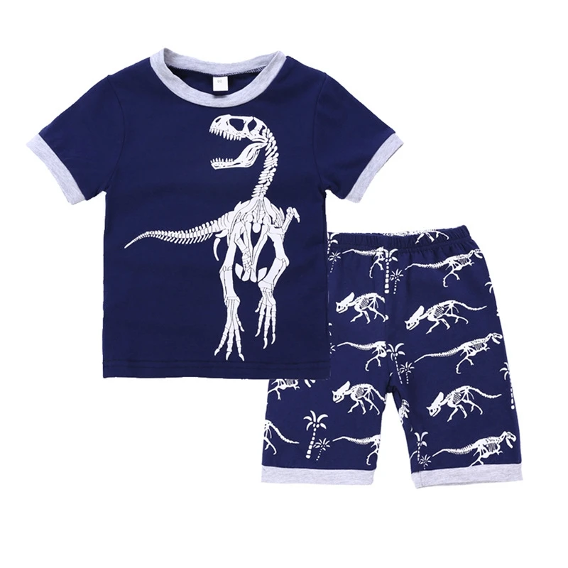 

2019 Summer New Boy Set Round Neck Blue Dinosaur Short-Sleeved T-Shirt + Cartoon Animal Shorts Children Two-Piece Sets