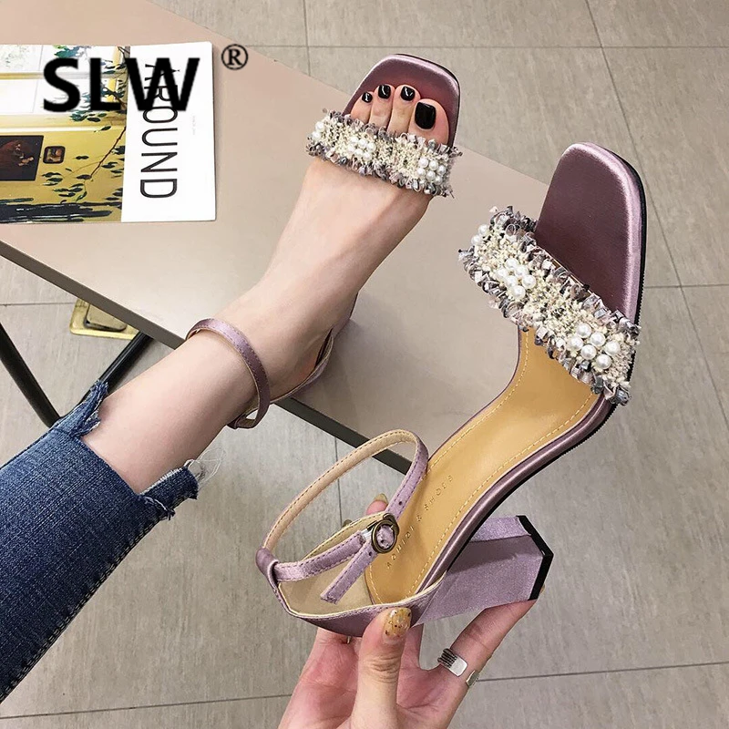 

Multicolored Sandals Comfort Shoes For Women 2019 Summer High Heels Buckle Strap Square Toe Comfort Block Pearl Ladies Heeled