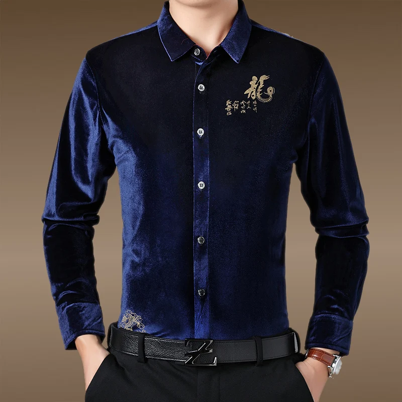 

Chinese Elements Jacquard Luxury Men Shirt Long Sleeved Casual Autumn High Quality Velvet Soft Comfortable Fashion Chemise Homme