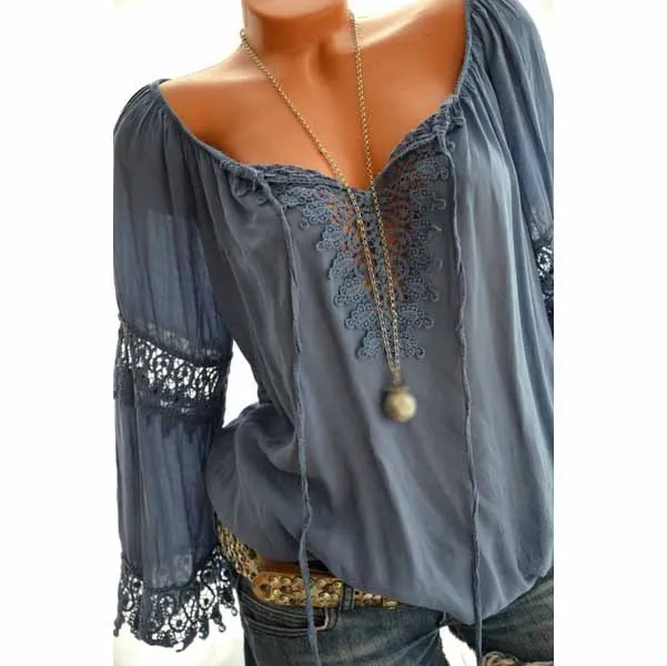 

2019 5Xl Sexy Women Lace Up Plus Size Blouse Casual Off Shoulder Patchwork Shirt Solid Hollow Out Lace Cotton Linen Tops
