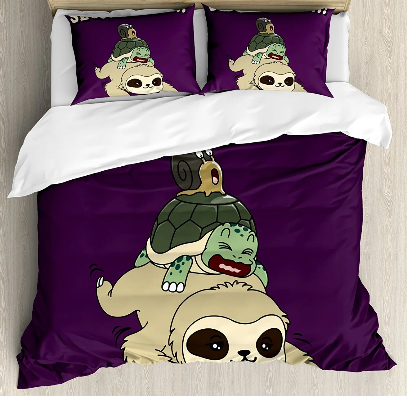 Sloth Duvet Cover Set Funny Cartoon Scenery with Sloth Turtle Snail on Top of Each Other Slow