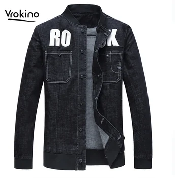 

VROKINO 2019 Spring and Autumn Fashion Men's Denim Jacket Fashion Man Black Cotton Letter Print Stand Collar Denim Jacke