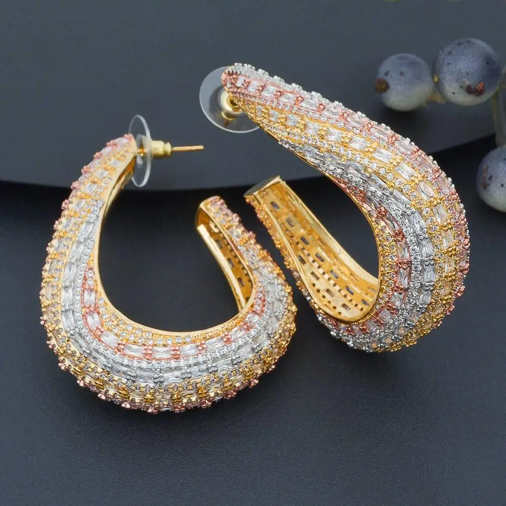 

ModemAngel Grace Refinement Fashion Vogue 3 Tone Clear Earrings Paved Micro Cubic Zircon Ear Jewelry for Women