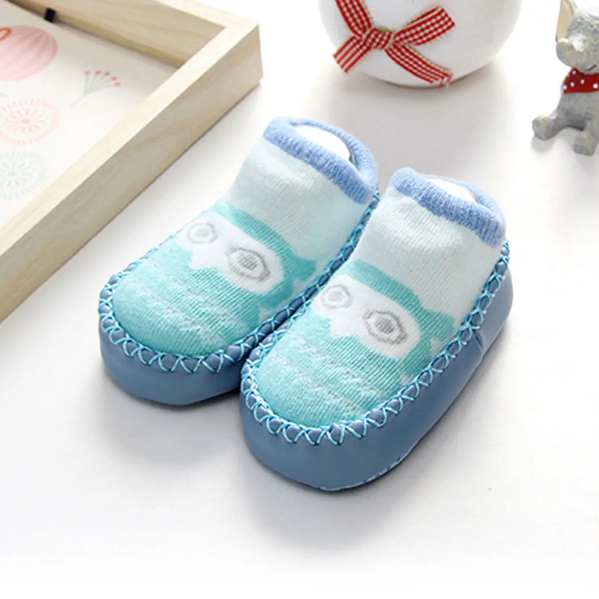 Детская обувь для новорожденных мальчиков и девочек; теплая Осенняя обувь с героями мультфильмов; мягкие тапочки; носки - Цвет: Owl Blue