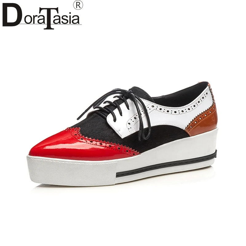 

DoraTasia 2020 Large Size 32-40 Cow Leather Wedge Heels Platform Woman Shoes Lace Up Black Red Woman Shoes Sneakers Flats